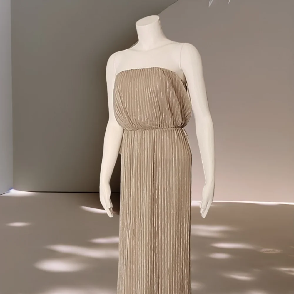 THE LIMITED Champagne Maxi Dress XS Shimmer Tube Top Strapless All Over Pleated